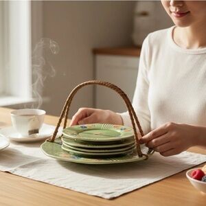 Vintage Green Fruit, Desert Plate Set Of 5 Wicker Handle Cottagecore, Party Set
